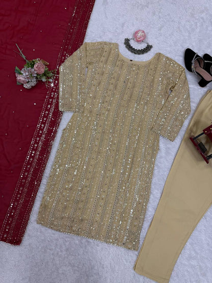 Designer Cream Color Faux Georgette With Thread Embroidery Work Salwar Suit