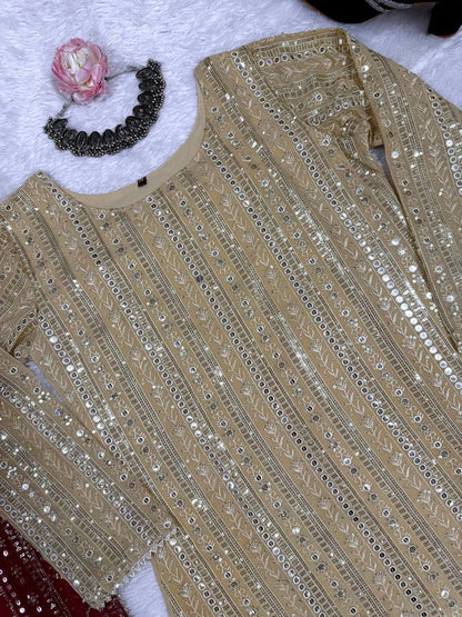 Designer Cream Color Faux Georgette With Thread Embroidery Work Salwar Suit