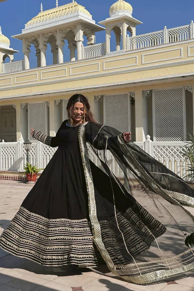Reception Wear Black Color Gown Set With Pant And Embroidered Dupatta