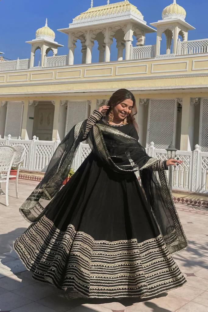 Reception Wear Black Color Gown Set With Pant And Embroidered Dupatta