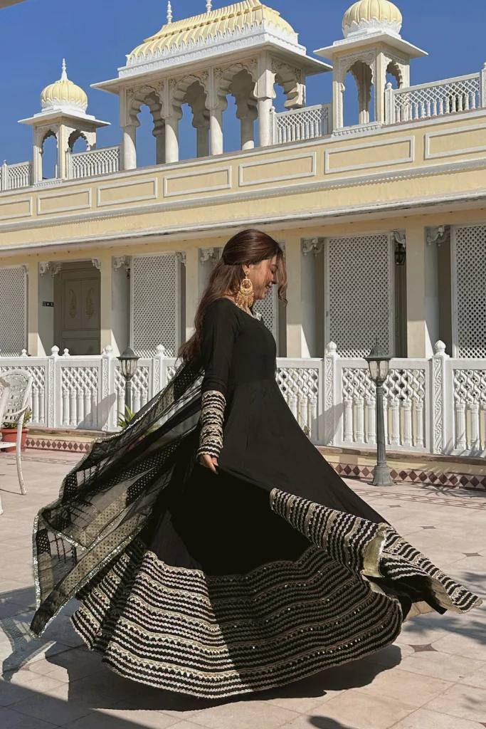 Reception Wear Black Color Gown Set With Pant And Embroidered Dupatta
