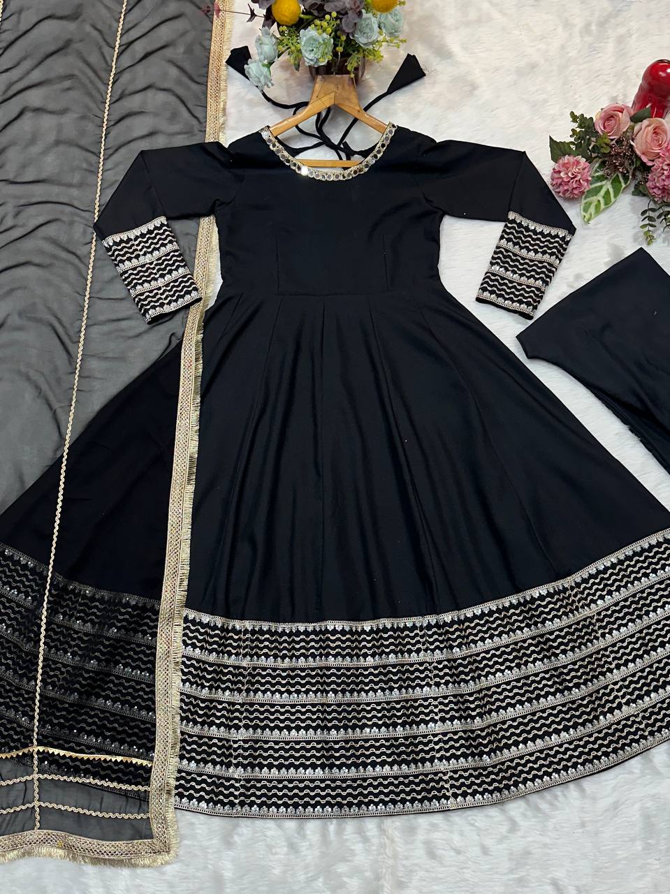Reception Wear Black Color Gown Set With Pant And Embroidered Dupatta