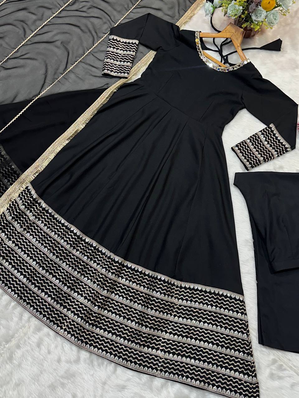 Reception Wear Black Color Gown Set With Pant And Embroidered Dupatta