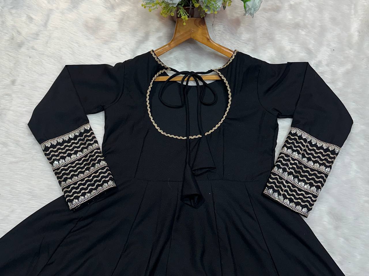 Reception Wear Black Color Gown Set With Pant And Embroidered Dupatta