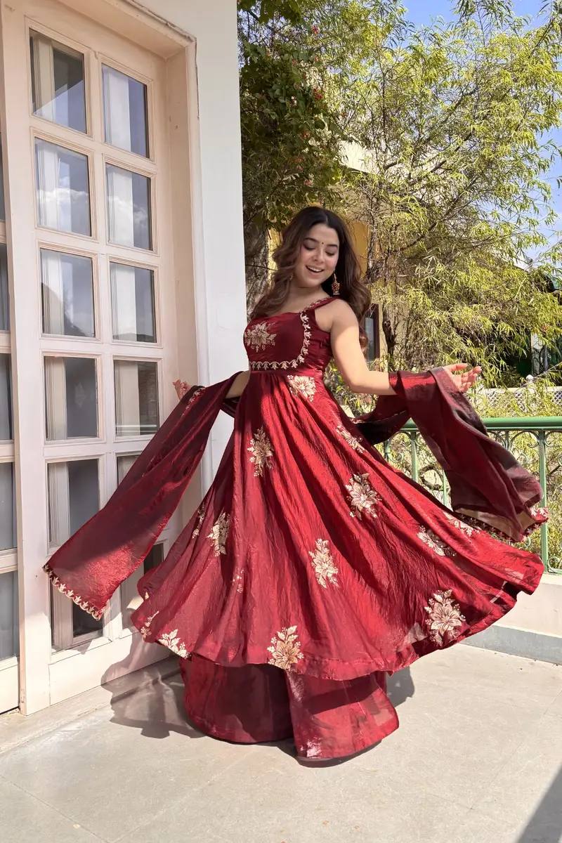 Unique Maroon Color Fendy Silk Anarkali Suit
