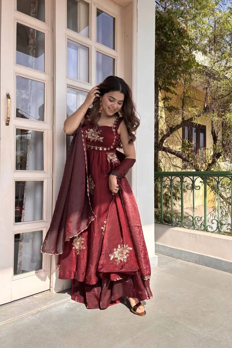 Unique Maroon Color Fendy Silk Anarkali Suit