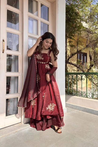 Unique Maroon Color Fendy Silk Anarkali Suit