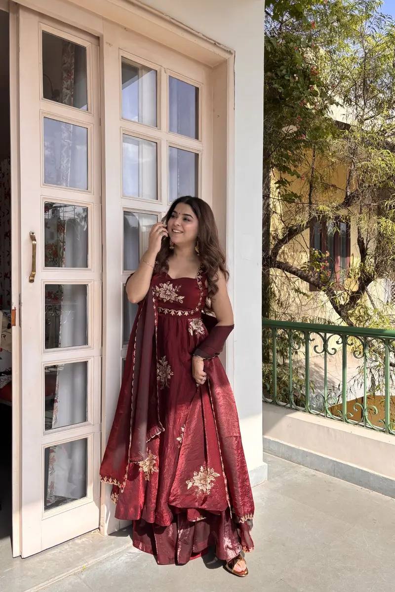 Unique Maroon Color Fendy Silk Anarkali Suit