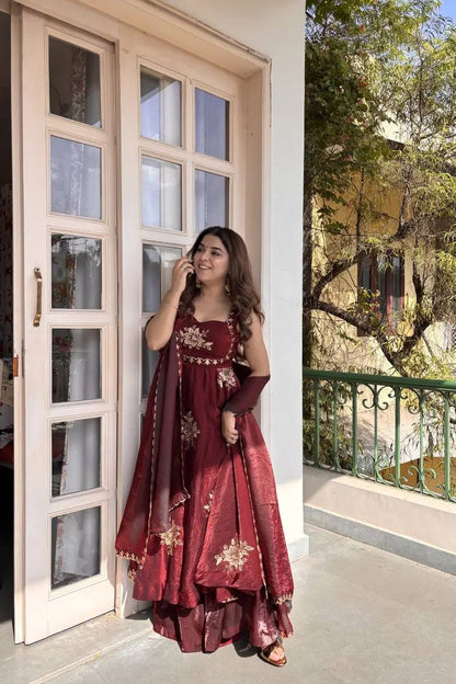 Unique Maroon Color Fendy Silk Anarkali Suit