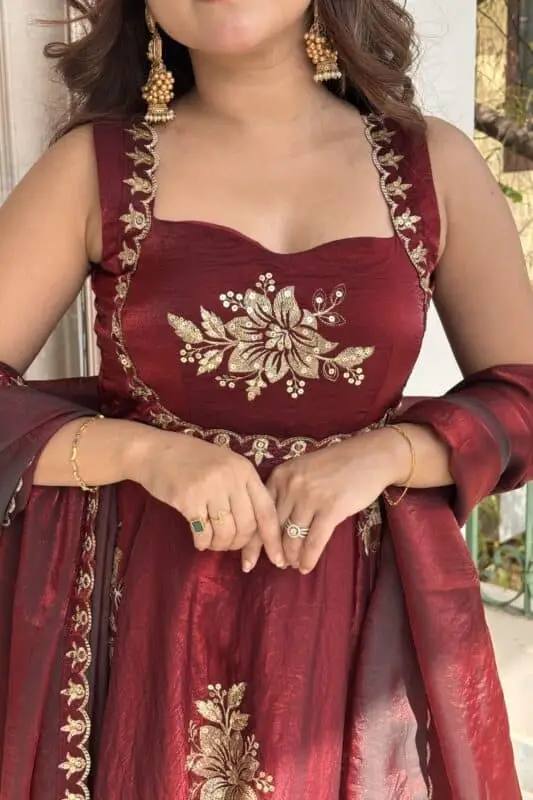 Unique Maroon Color Fendy Silk Anarkali Suit