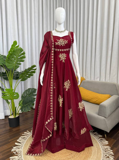 Unique Maroon Color Fendy Silk Anarkali Suit