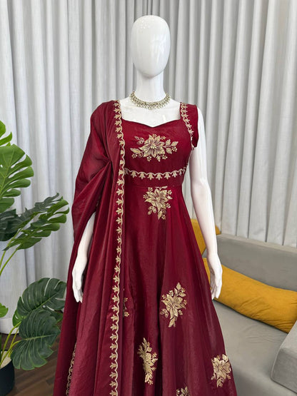 Unique Maroon Color Fendy Silk Anarkali Suit