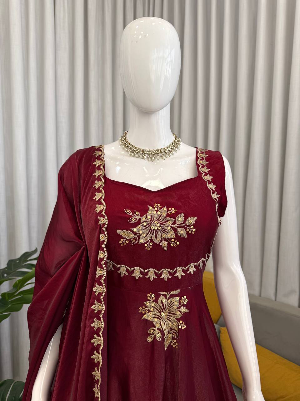 Unique Maroon Color Fendy Silk Anarkali Suit