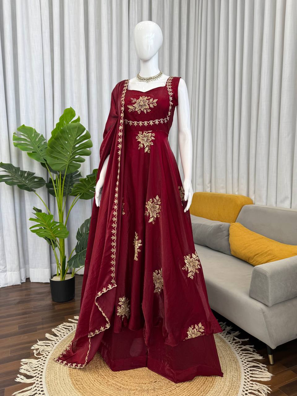 Unique Maroon Color Fendy Silk Anarkali Suit