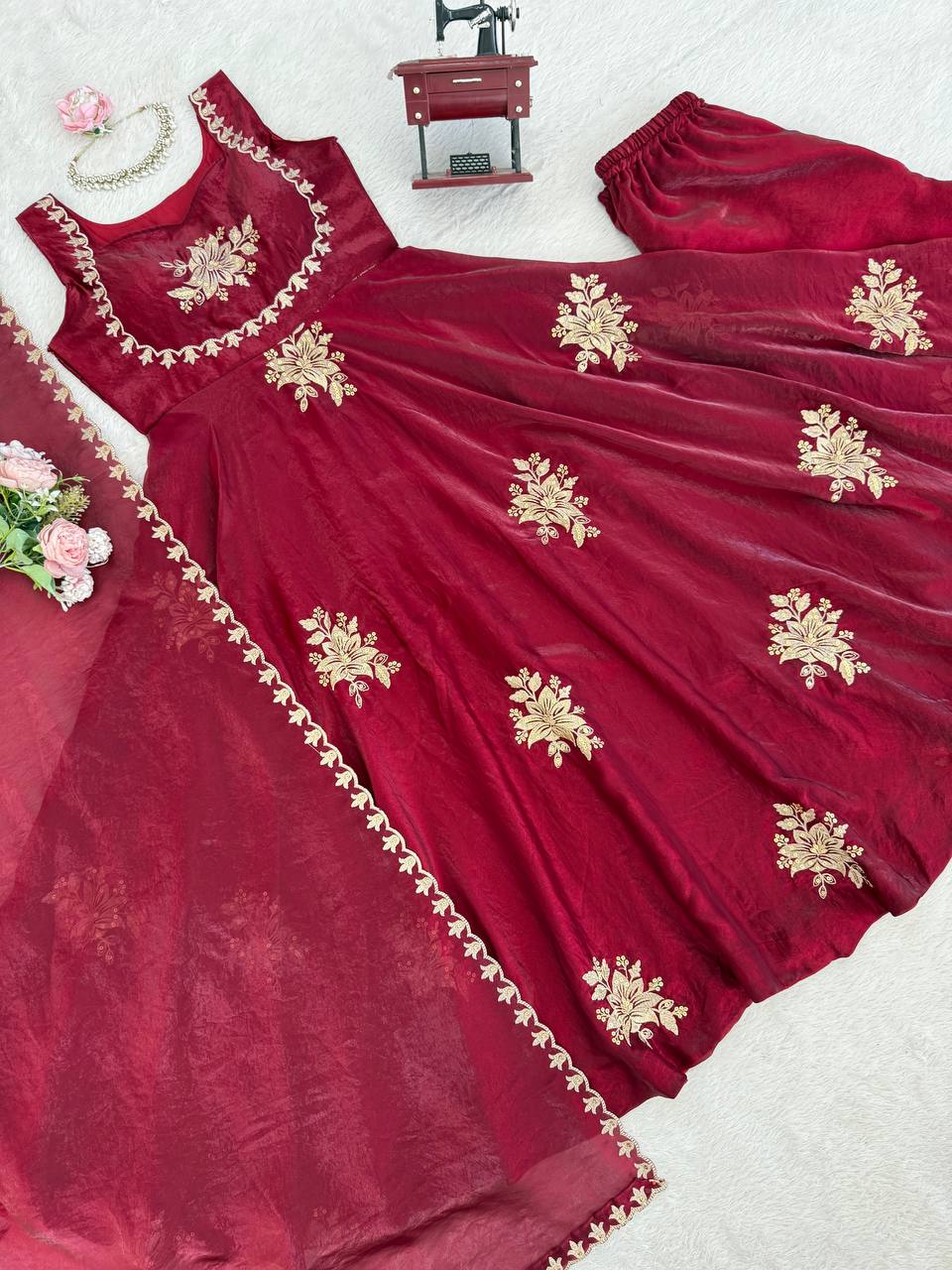 Unique Maroon Color Fendy Silk Anarkali Suit