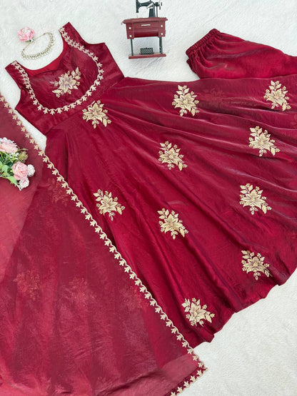 Unique Maroon Color Fendy Silk Anarkali Suit