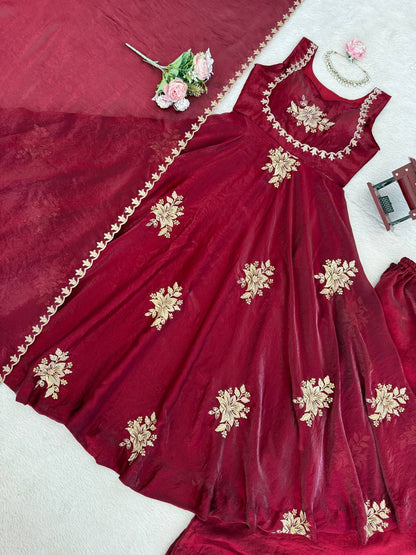 Unique Maroon Color Fendy Silk Anarkali Suit
