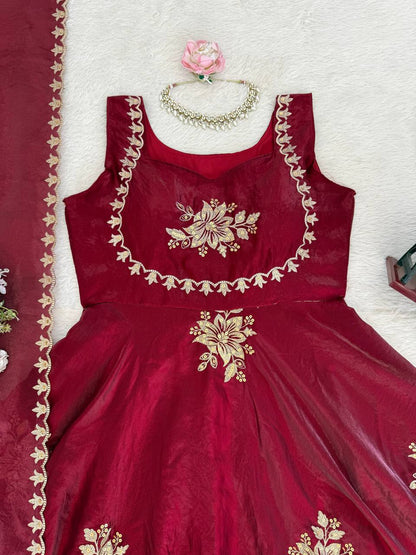 Unique Maroon Color Fendy Silk Anarkali Suit