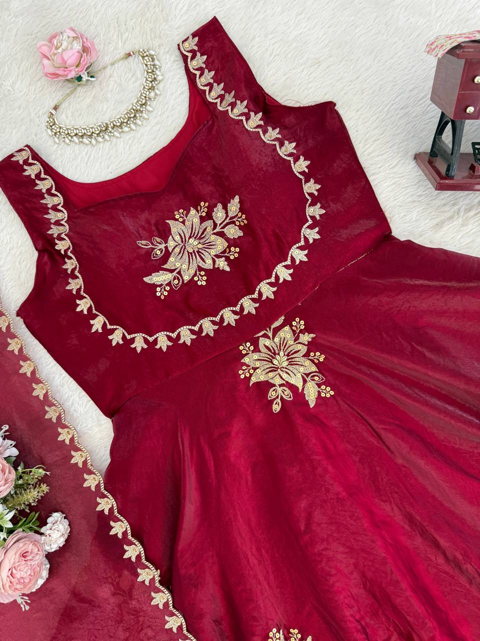 Unique Maroon Color Fendy Silk Anarkali Suit