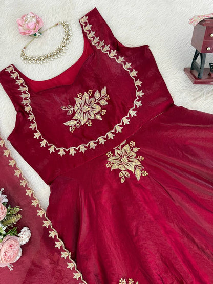 Unique Maroon Color Fendy Silk Anarkali Suit