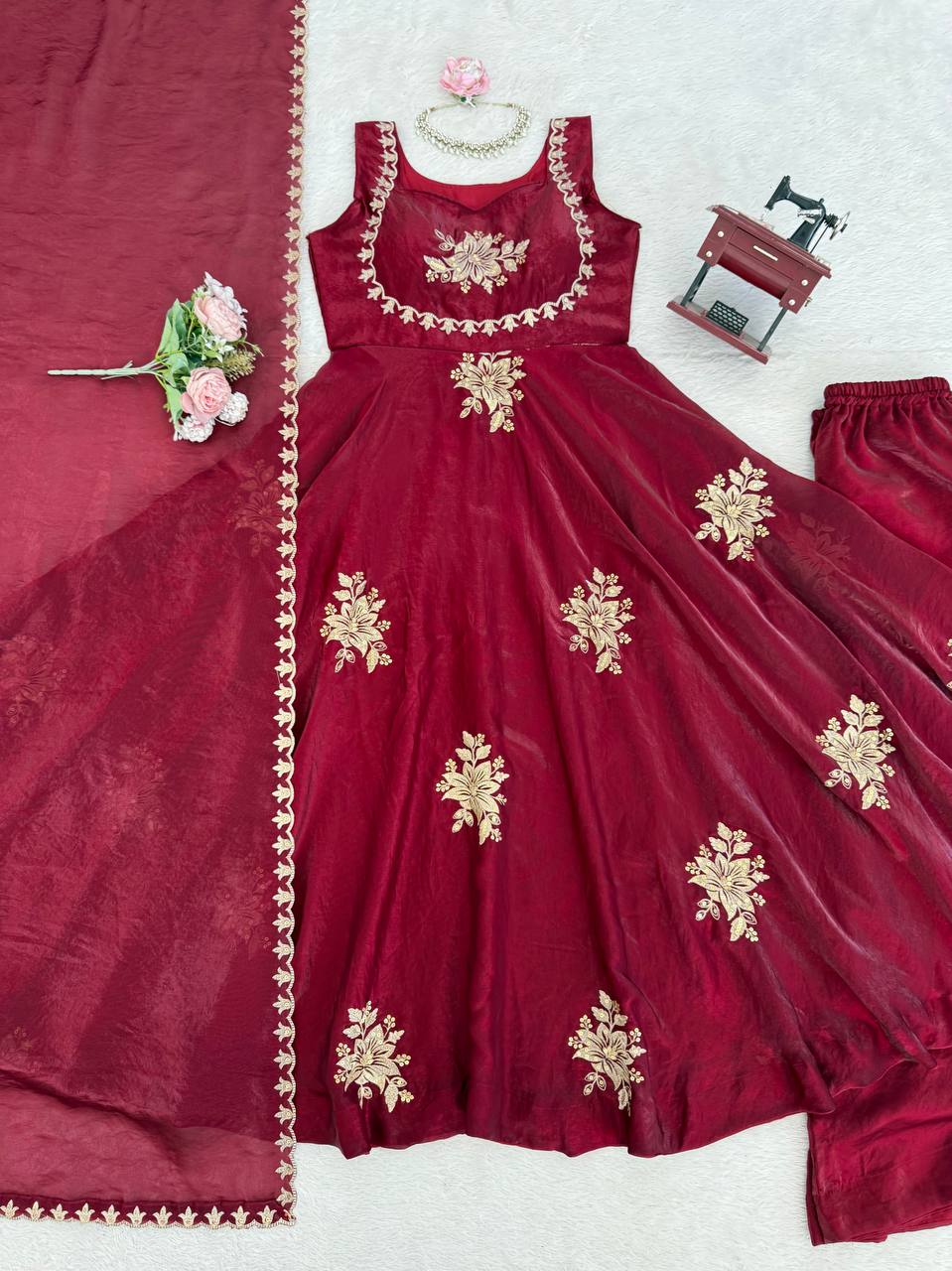 Unique Maroon Color Fendy Silk Anarkali Suit