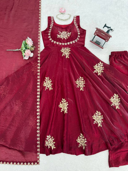 Unique Maroon Color Fendy Silk Anarkali Suit