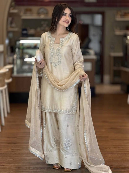 Shining White Color Rivet Moti Work Farshi Suit