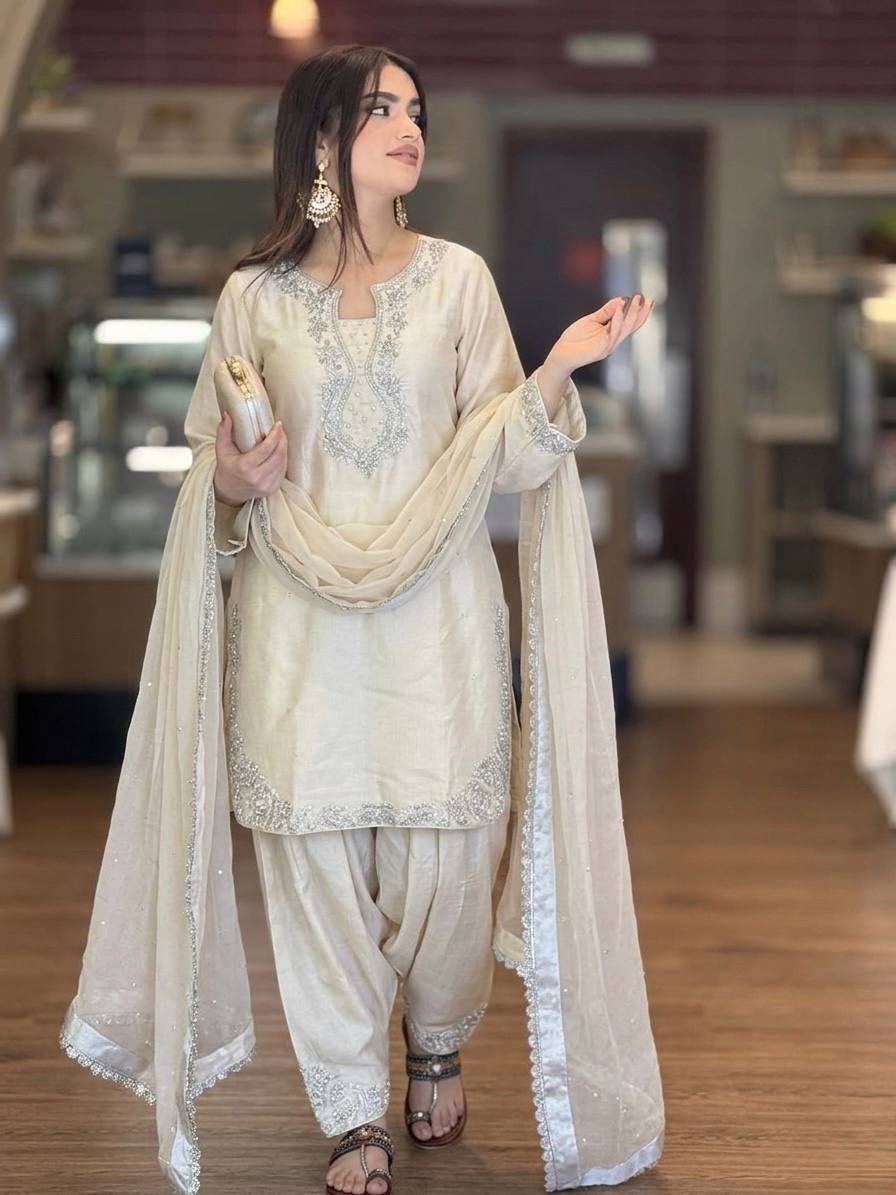 Shining White Color Rivet Moti Work Farshi Suit