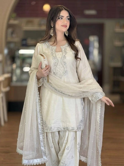 Shining White Color Rivet Moti Work Farshi Suit