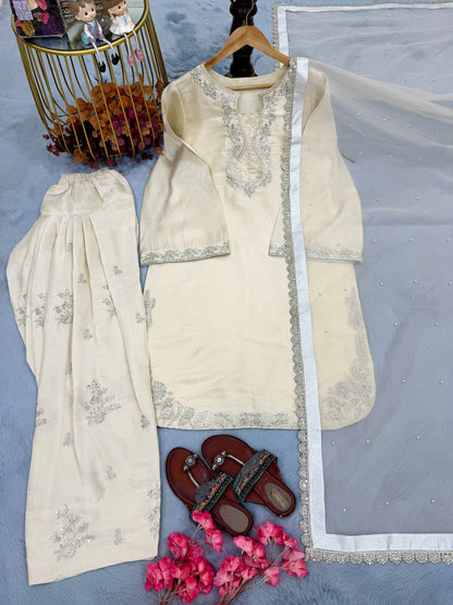 Shining White Color Rivet Moti Work Farshi Suit
