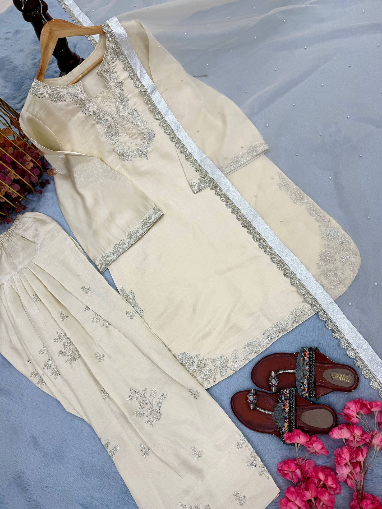 Shining White Color Rivet Moti Work Farshi Suit