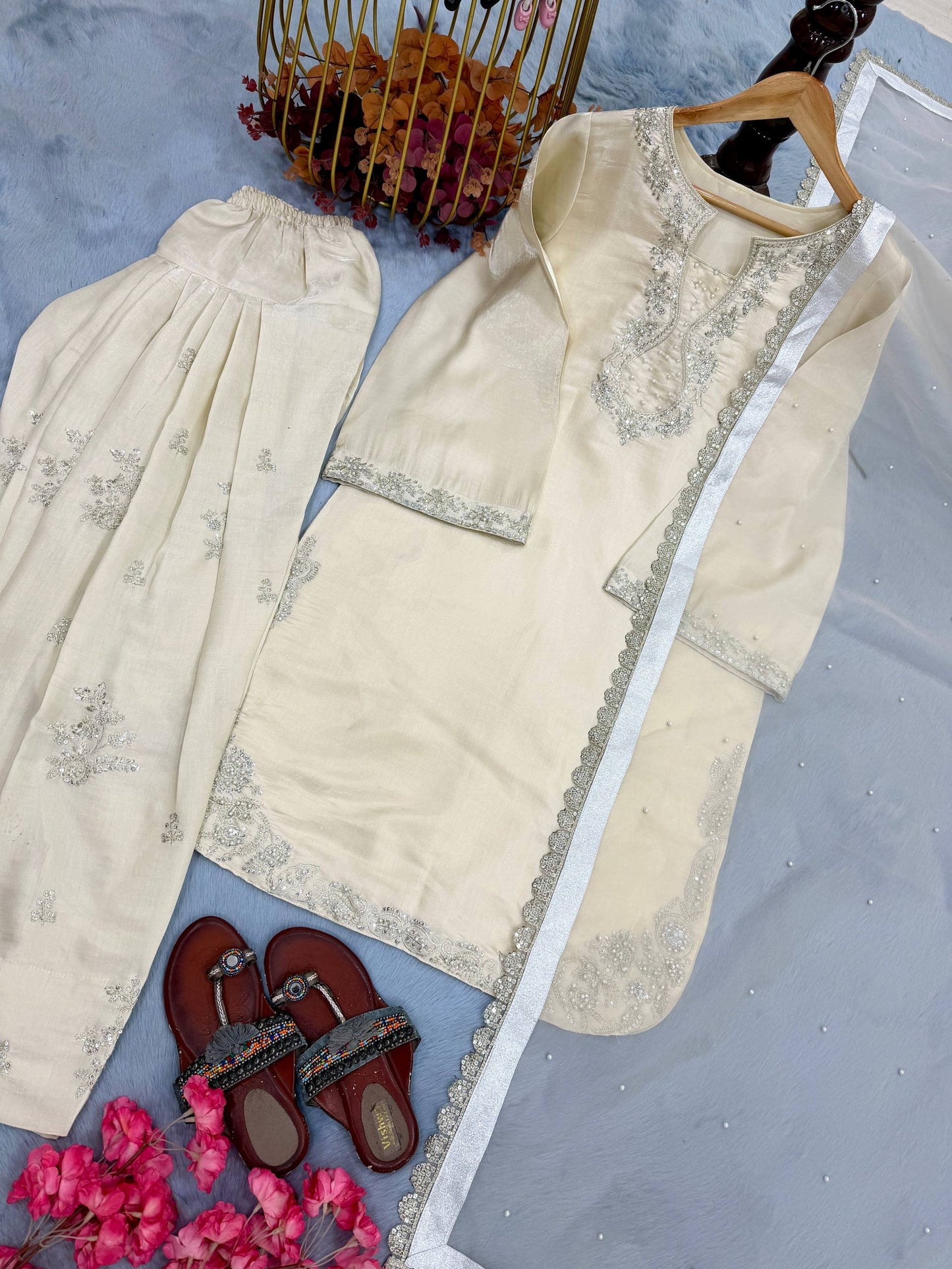 Shining White Color Rivet Moti Work Farshi Suit