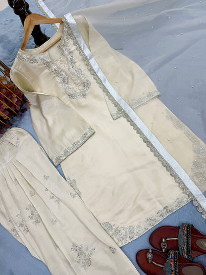 Shining White Color Rivet Moti Work Farshi Suit