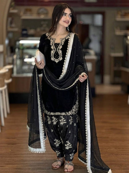 Bollywood Style Black Color Rivet Moti Work Silk Farshi Suit