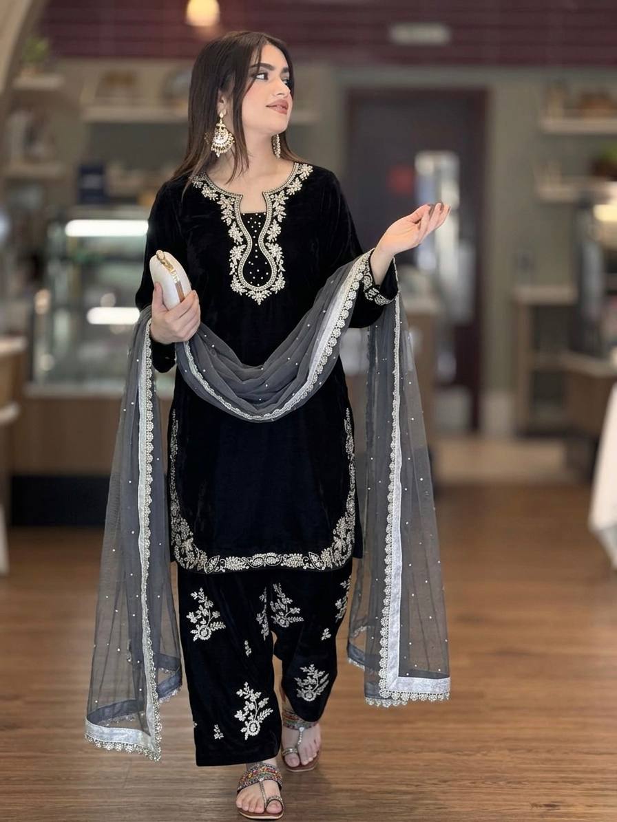 Bollywood Style Black Color Rivet Moti Work Silk Farshi Suit