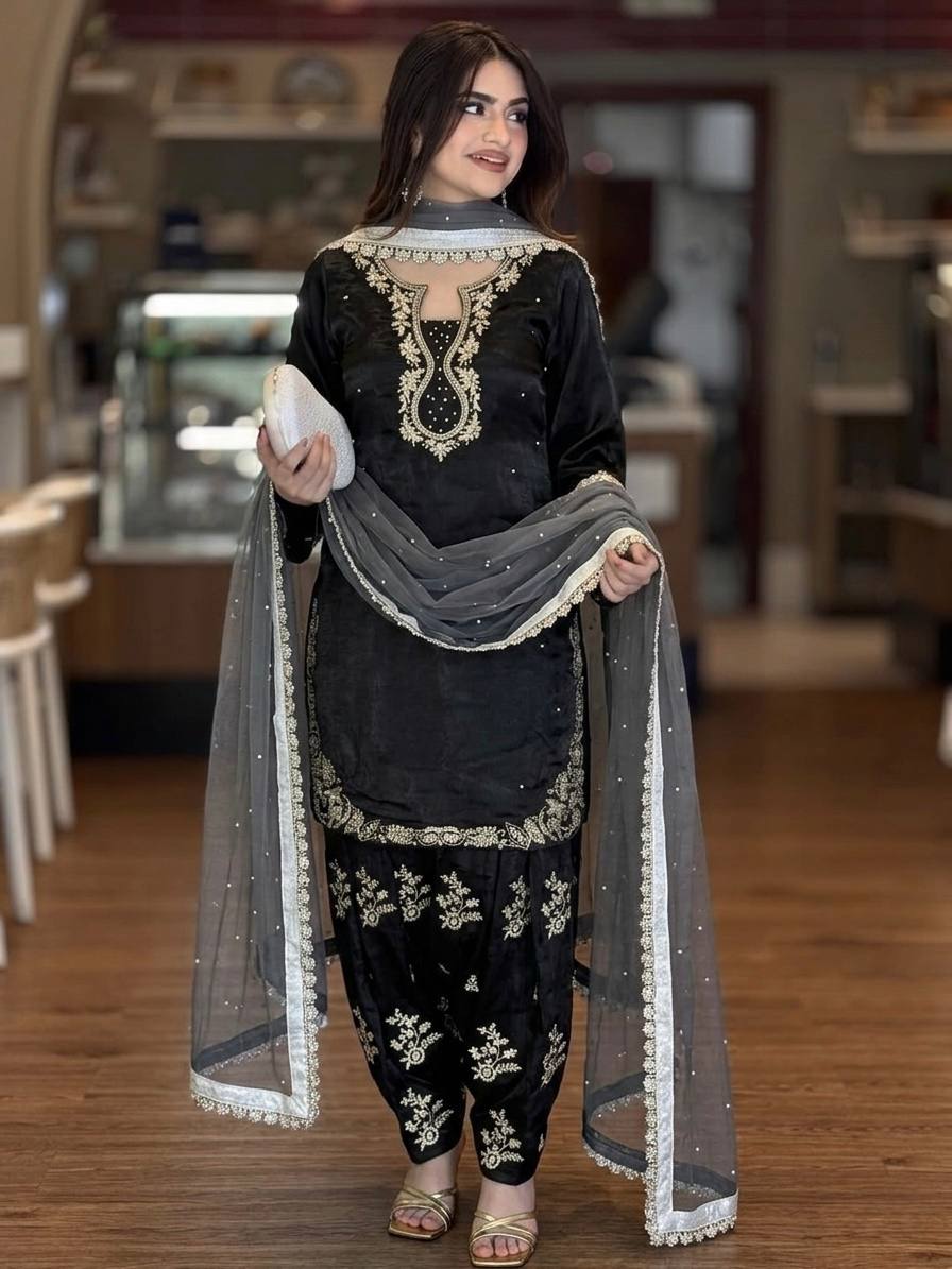 Bollywood Style Black Color Rivet Moti Work Silk Farshi Suit