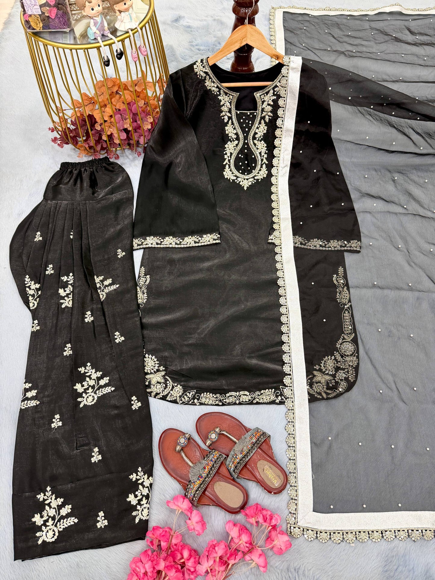 Bollywood Style Black Color Rivet Moti Work Silk Farshi Suit