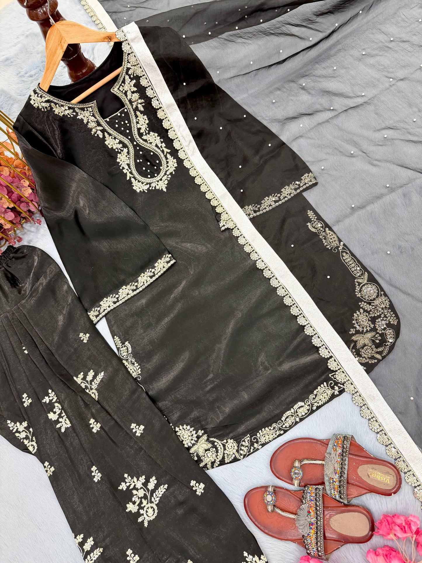 Bollywood Style Black Color Rivet Moti Work Silk Farshi Suit