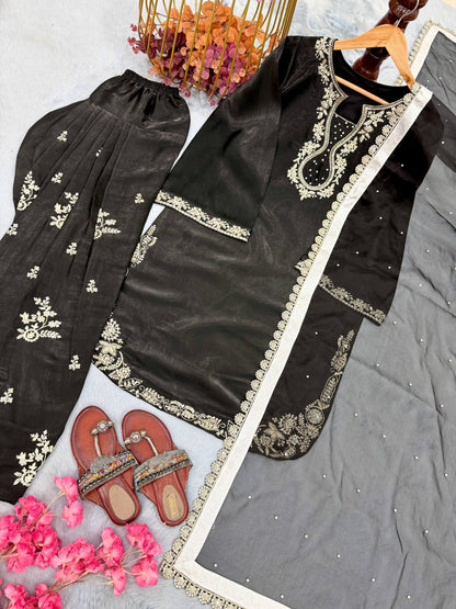 Bollywood Style Black Color Rivet Moti Work Silk Farshi Suit