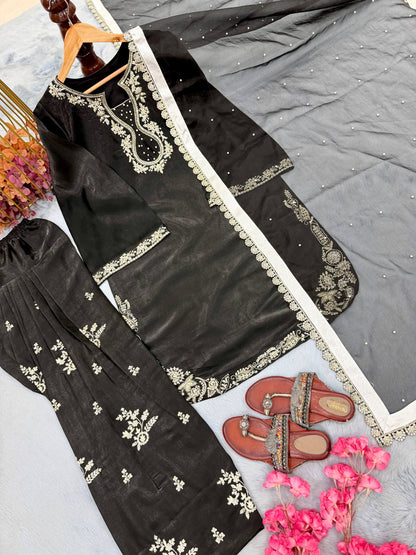Bollywood Style Black Color Rivet Moti Work Silk Farshi Suit