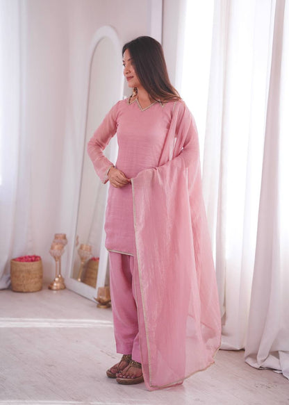 Arti Chauhan Wear Pink Color Crunchy Silk Farshi Suit Set