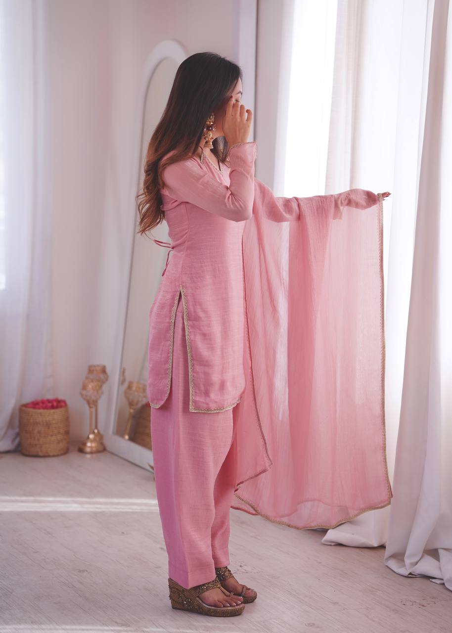 Arti Chauhan Wear Pink Color Crunchy Silk Farshi Suit Set
