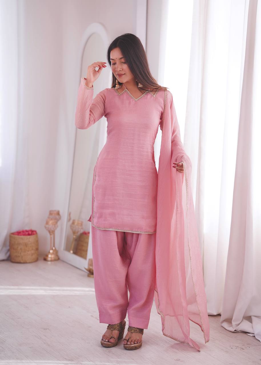 Arti Chauhan Wear Pink Color Crunchy Silk Farshi Suit Set