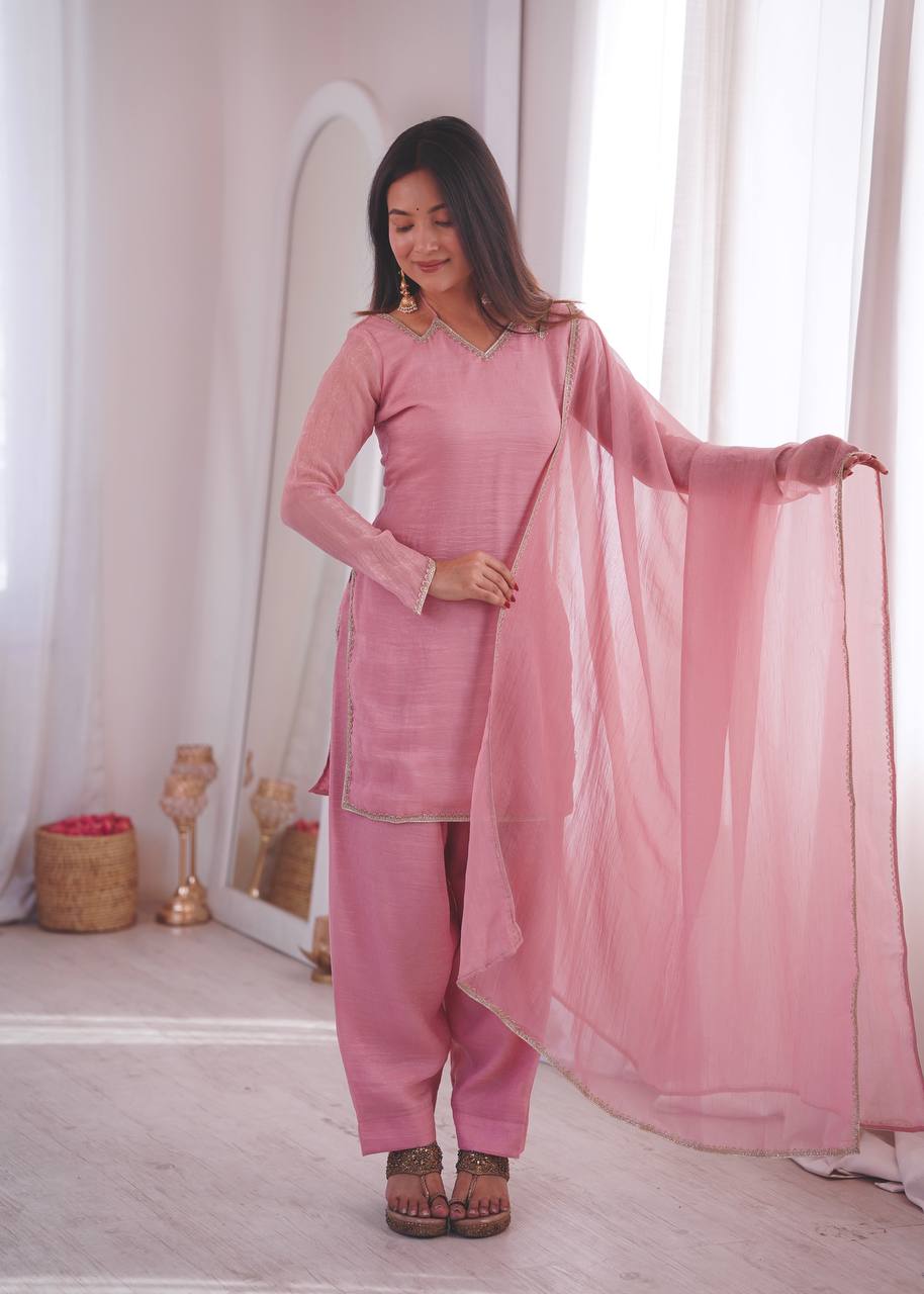 Arti Chauhan Wear Pink Color Crunchy Silk Farshi Suit Set