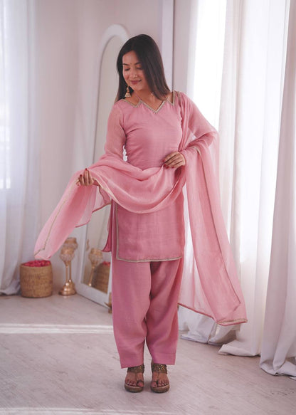 Arti Chauhan Wear Pink Color Crunchy Silk Farshi Suit Set