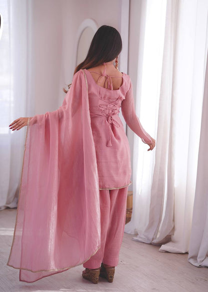 Arti Chauhan Wear Pink Color Crunchy Silk Farshi Suit Set