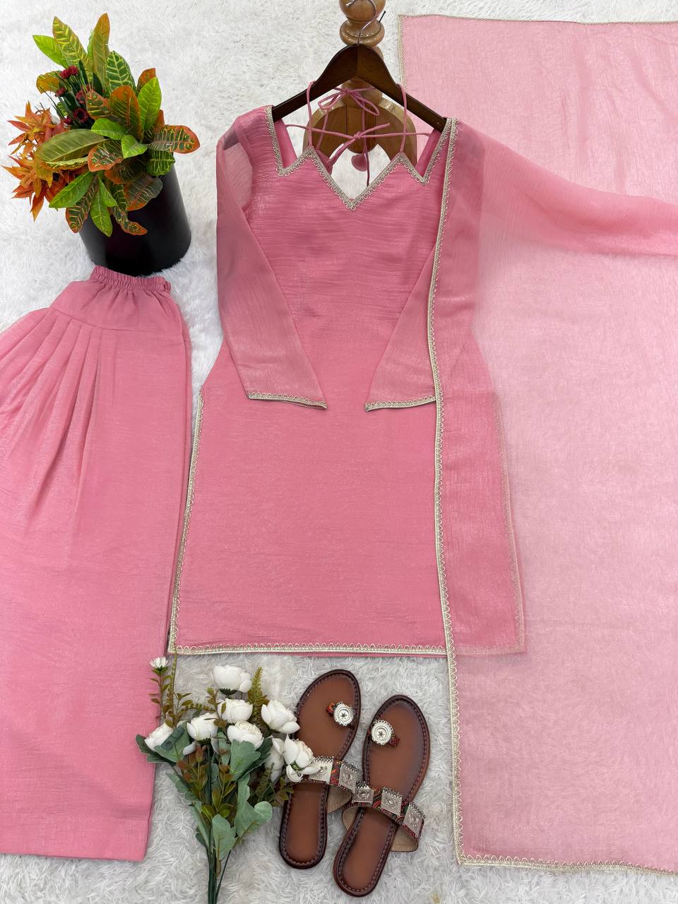 Arti Chauhan Wear Pink Color Crunchy Silk Farshi Suit Set