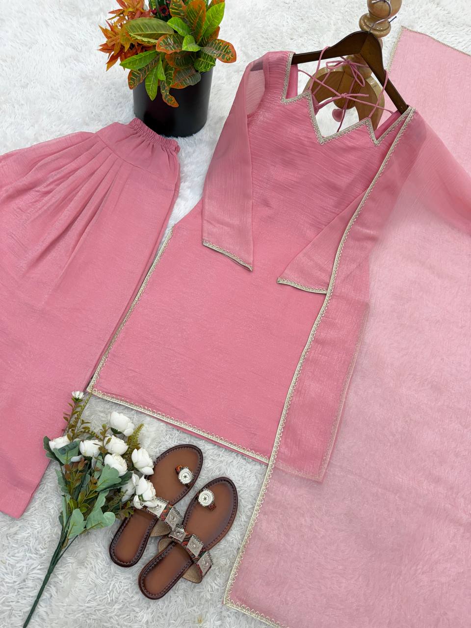 Arti Chauhan Wear Pink Color Crunchy Silk Farshi Suit Set