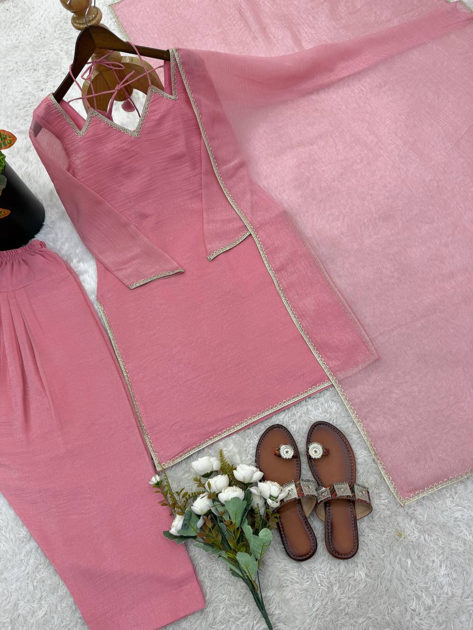 Arti Chauhan Wear Pink Color Crunchy Silk Farshi Suit Set