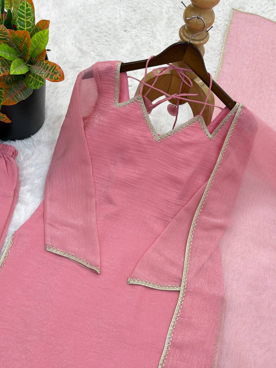 Arti Chauhan Wear Pink Color Crunchy Silk Farshi Suit Set